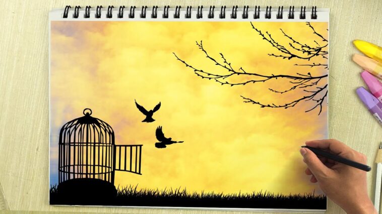 Landscape Drawing: How to Draw Flying Birds free from Cage | Oil Pastel Drawing Freedom