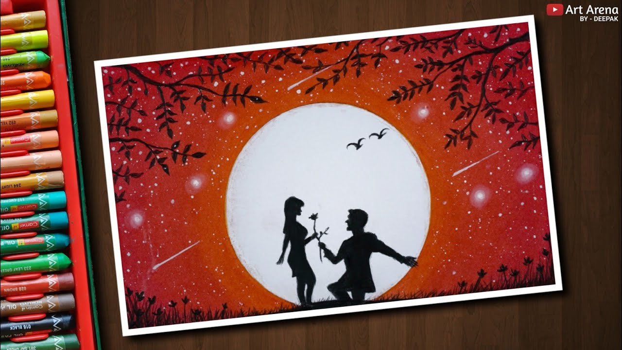 Romantic Couple Scenery Drawing with Oil Pastels - step by step