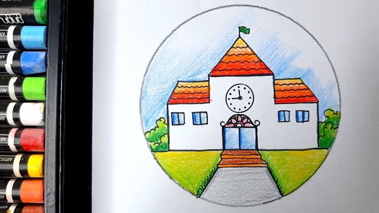 School drawing easy / How to draw school scenery with pencil color