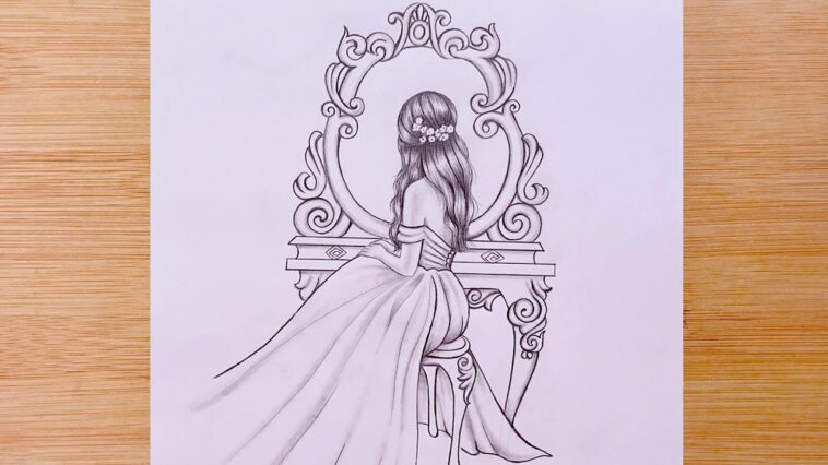 Comment dessiner Une fille élégante est assise devant un miroir - étape par étape ||  Tutoriel de croquis au crayon