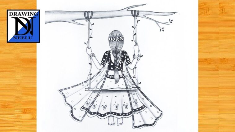 Comment dessiner une balançoire de fille dans un arbre -Fille traditionnelle ||  Esquisse au crayon pour débutant ||  Dessin de fille