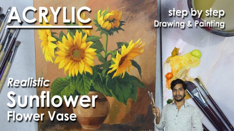 Comment peindre un vase de fleur de tournesol réaliste à l'acrylique |  pas à pas le dessin et la peinture