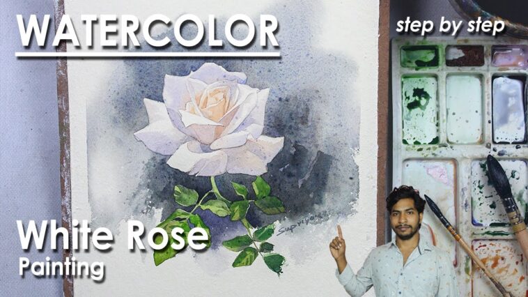 Peinture aquarelle rose blanche |  Comment peindre une rose à l'aquarelle |  étape par étape |  Supriyo